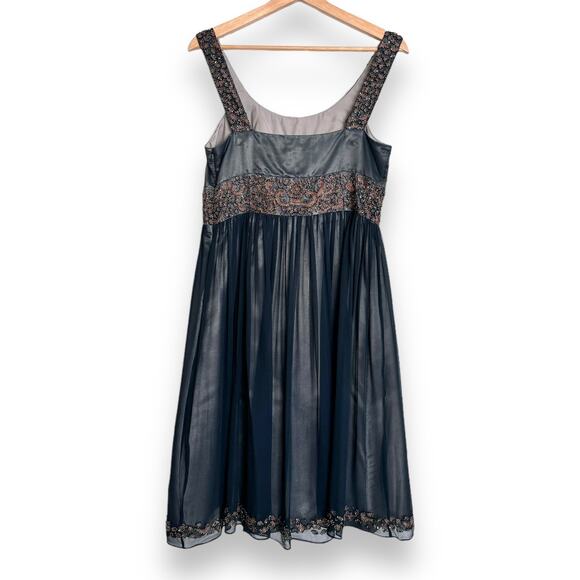 Adrianna Papell Evening 100% Silk Chiffon Beaded Fit N Flare Dress Womens Size 8 - Picture 2 of 10